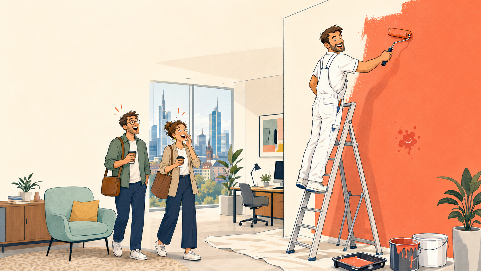Humorvolle Illustration: Maler verwandeln ein Büro übers Wochenende